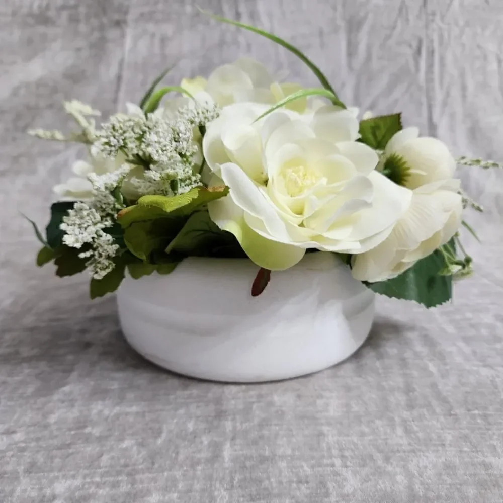 New Silk Ivory Rose and Hydrangeas Arrangement in Ivory Round Vase